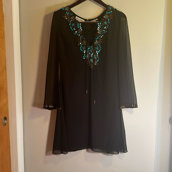 Shail K black long sleeve tie shift dress with blue and gold jewels - Picture 2 of 7